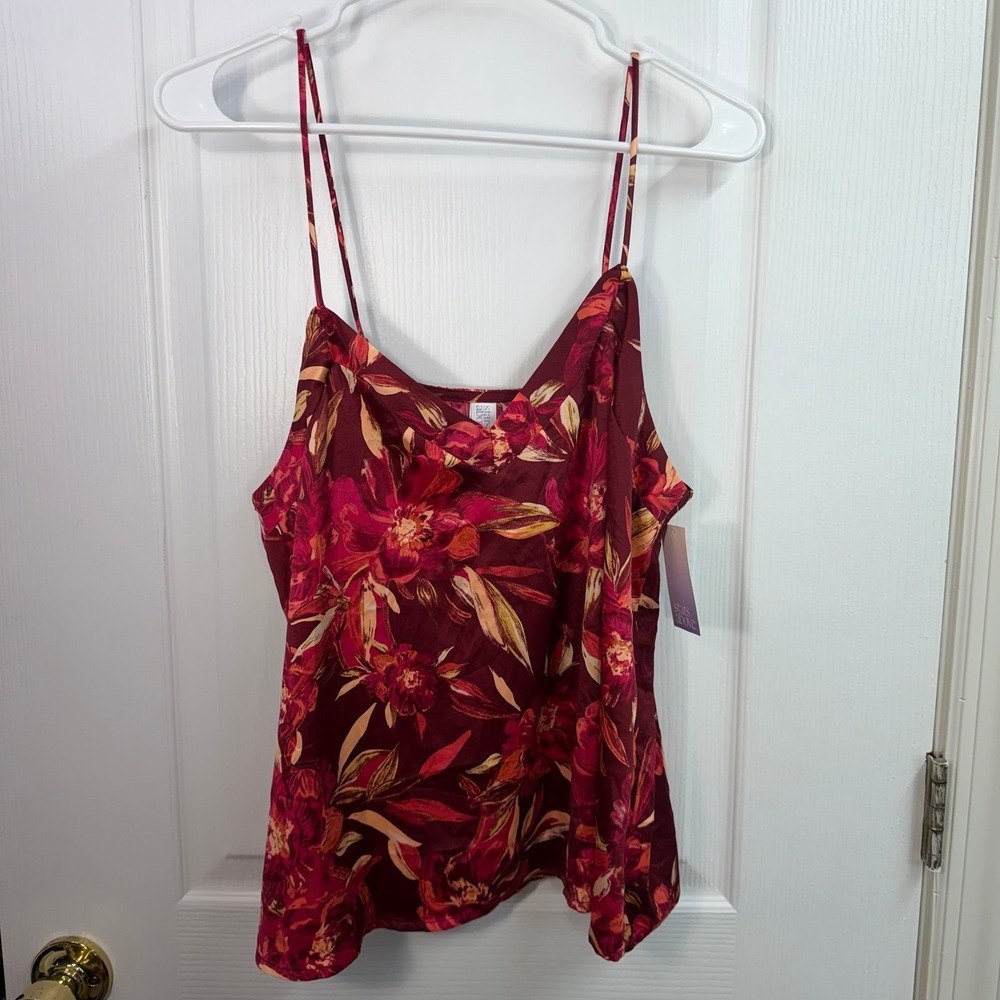 NEW Stars Above maroon floral adjustable satin v-neck lightweight pajama tank L
